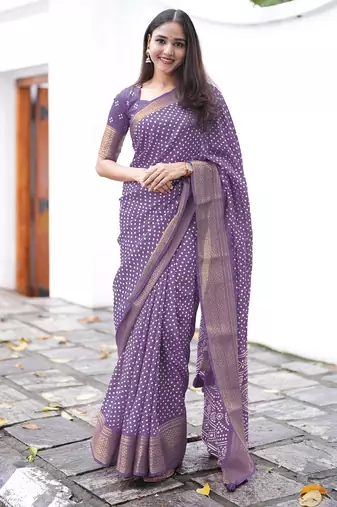 Mirchi fashion women’s bandhani print cotton blend saree with unstitched blouse piece – purple