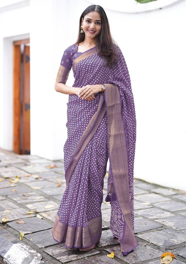 Mirchi fashion women’s bandhani print cotton blend saree with unstitched blouse piece – purple