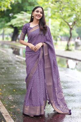 purple cotton saree with bandhani print 2