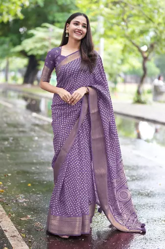 purple cotton saree with bandhani print