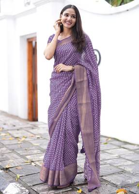 purple cotton saree with bandhani print 4