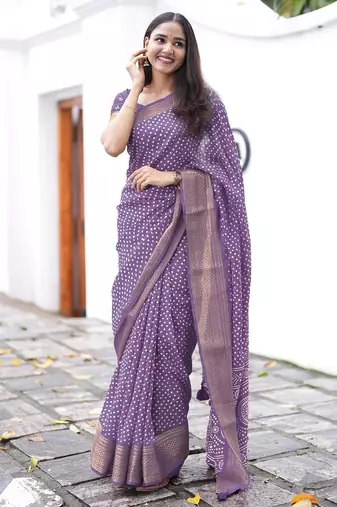 purple cotton saree with bandhani print