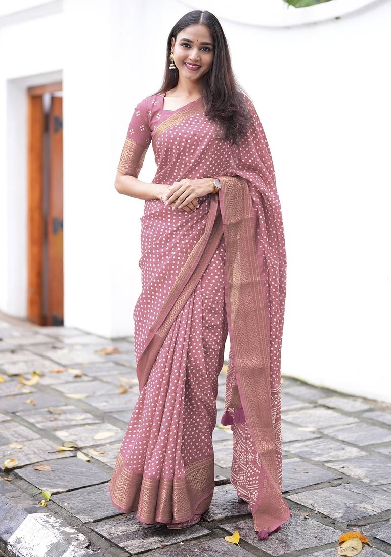 Mirchi fashion women’s bandhani print cotton blend saree with unstitched blouse piece – pink