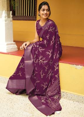 magenta cotton saree with floral print 1