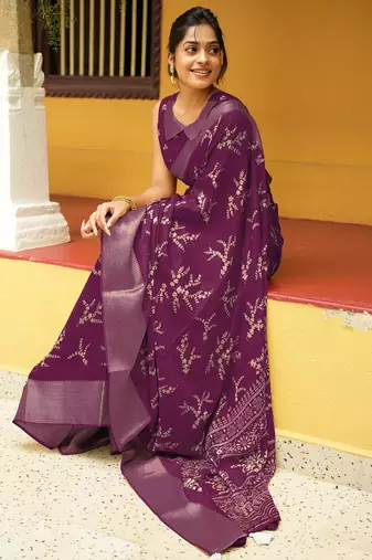 Mirchi fashion women’s floral print cotton blend saree with unstitched blouse piece –  magenta