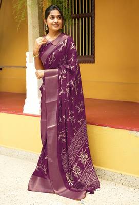 magenta cotton saree with floral print 2