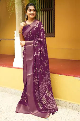 magenta cotton saree with floral print