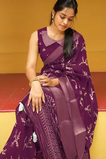 magenta cotton saree with floral print