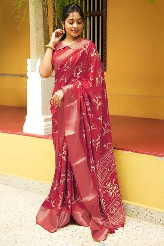Mirchi fashion women’s floral print cotton blend saree with unstitched blouse piece –red