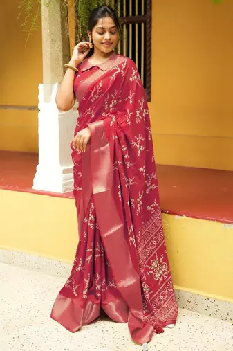 Mirchi fashion women’s floral print cotton blend saree with unstitched blouse piece –red