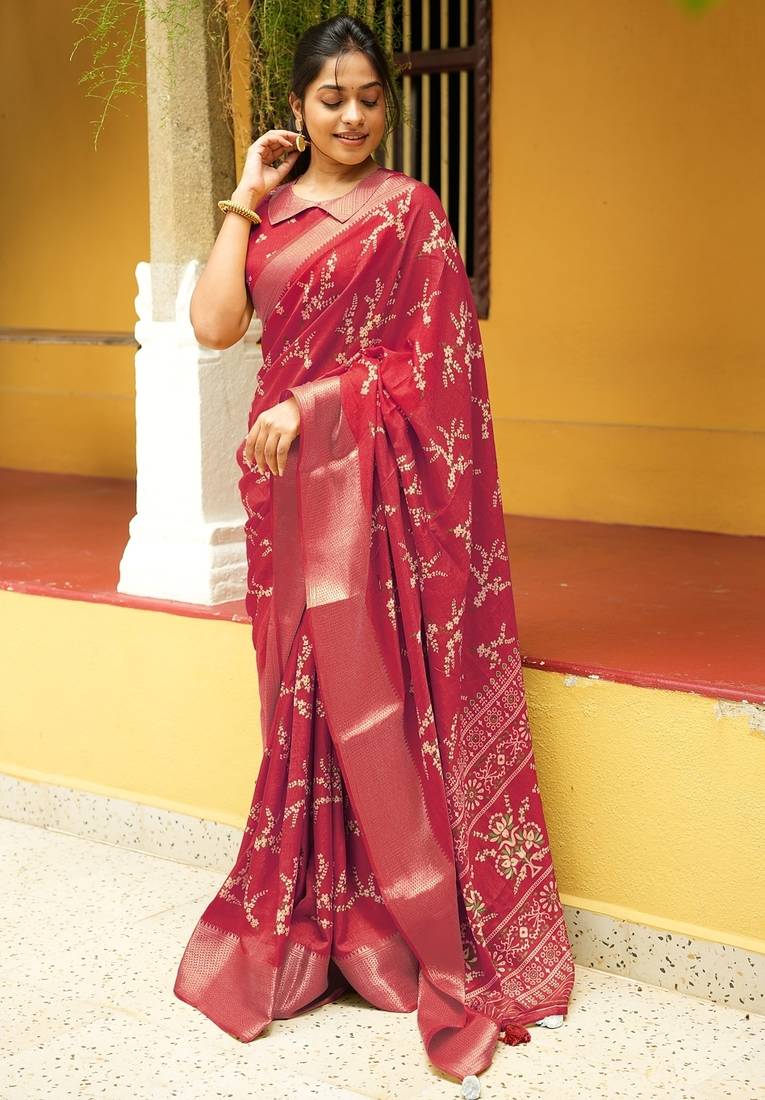 Mirchi fashion women’s floral print cotton blend saree with unstitched blouse piece –red
