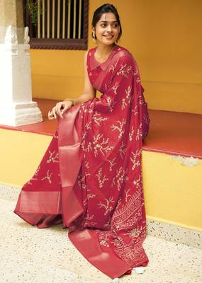 red cotton saree with floral print 2