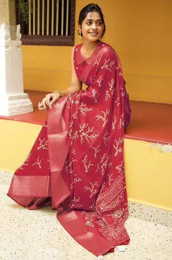 red cotton saree with floral print