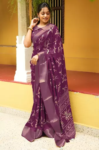 red cotton saree with floral print