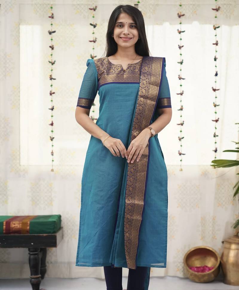 Blue readymade kanchi cotton v-neck top – sizes s to 3xl