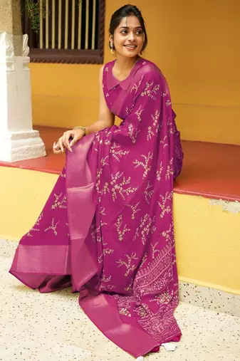 pink cotton saree with floral print