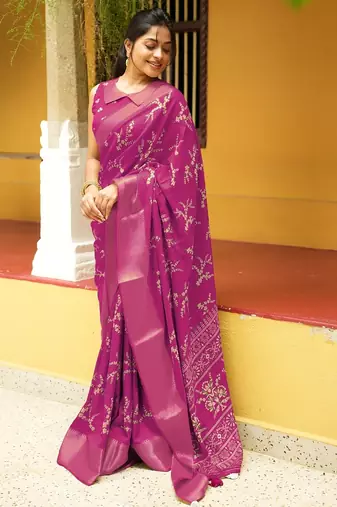 pink cotton saree with floral print