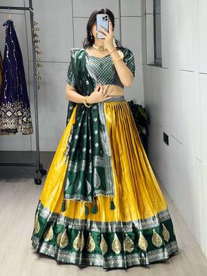 Yellow Color Zari Weaving Work Kanchipuram Silk  Pattu Lehenga Choli With Unstitched Blouse 1