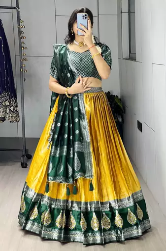 Yellow Color Zari Weaving Work Kanchipuram Silk  Pattu Lehenga Choli With Unstitched Blouse