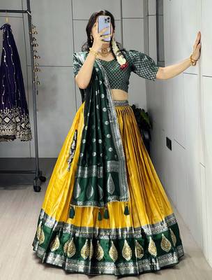 Yellow Color Zari Weaving Work Kanchipuram Silk  Pattu Lehenga Choli With Unstitched Blouse 2