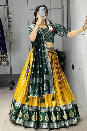 Yellow Color Zari Weaving Work Kanchipuram Silk  Pattu Lehenga Choli With Unstitched Blouse