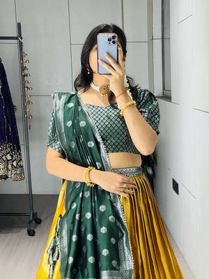 Yellow Color Zari Weaving Work Kanchipuram Silk  Pattu Lehenga Choli With Unstitched Blouse 3