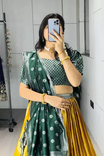 Yellow Color Zari Weaving Work Kanchipuram Silk  Pattu Lehenga Choli With Unstitched Blouse
