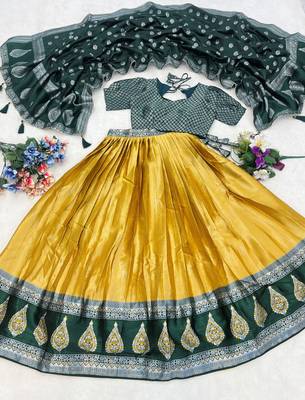 Yellow Color Zari Weaving Work Kanchipuram Silk  Pattu Lehenga Choli With Unstitched Blouse 4