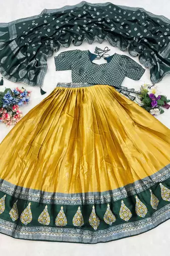 Yellow Color Zari Weaving Work Kanchipuram Silk  Pattu Lehenga Choli With Unstitched Blouse