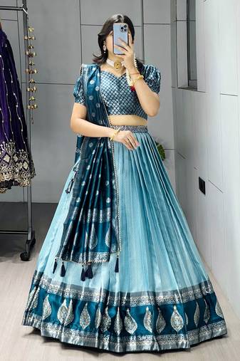 sky blue kanchipuram silk lehenga choli with zari work