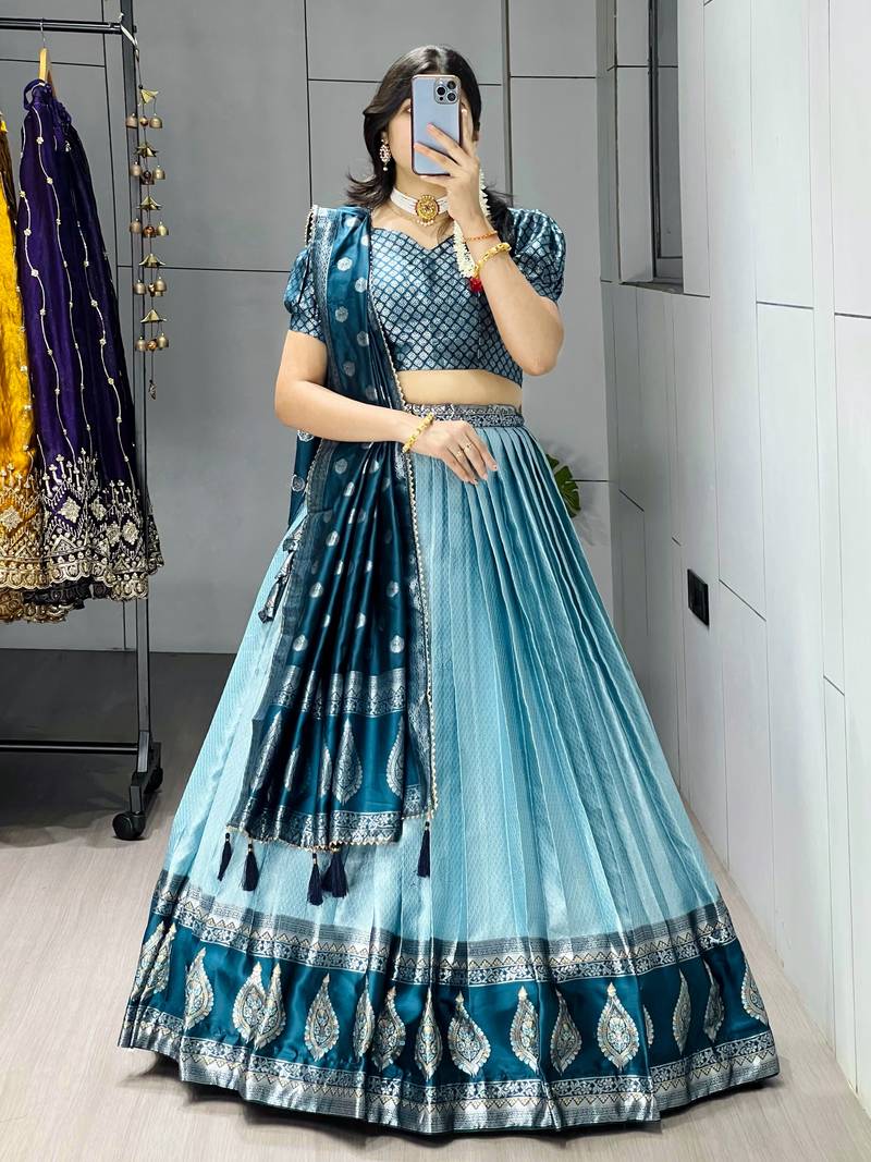 Sky Color Zari Weaving Work Kanchipuram Silk  Pattu Lehenga Choli With Unstitched Blouse