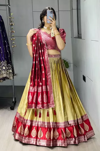 Peach Color Zari Weaving Work Kanchipuram Silk  Pattu Lehenga Choli With Unstitched Blouse