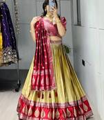 Peach Color Zari Weaving Work Kanchipuram Silk  Pattu Lehenga Choli With Unstitched Blouse