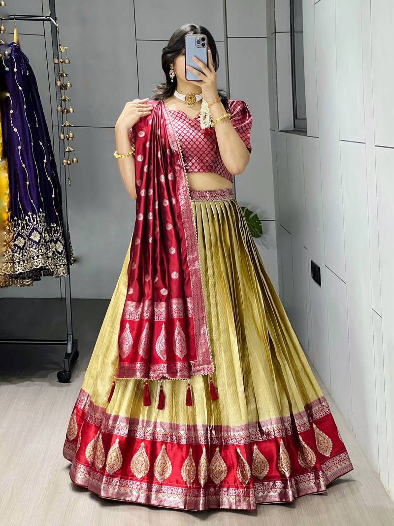 Peach Color Zari Weaving Work Kanchipuram Silk  Pattu Lehenga Choli With Unstitched Blouse
