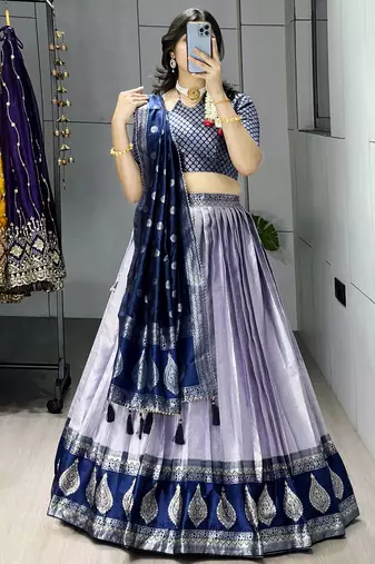 Purple Color Zari Weaving Work Kanchipuram Silk  Pattu Lehenga Choli With Unstitched Blouse