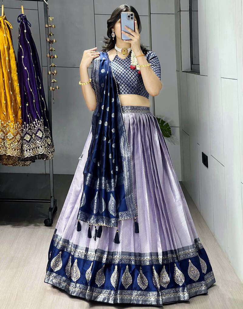 Purple Color Zari Weaving Work Kanchipuram Silk  Pattu Lehenga Choli With Unstitched Blouse