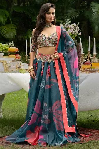 Teal Printed Organza Lehenga Set