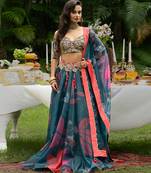 Teal Printed Organza Lehenga Set