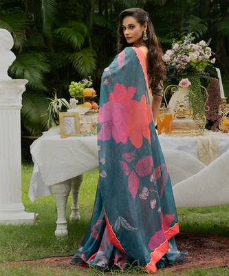 teal organza lehenga with printed floral designs 3