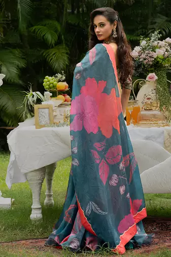 teal organza lehenga with printed floral designs
