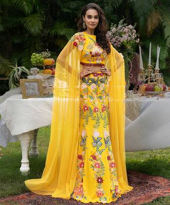 yellow viscose lehenga with embroidered floral designs 1
