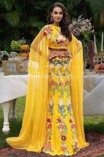Yellow Embroidered Viscose Lehenga Set