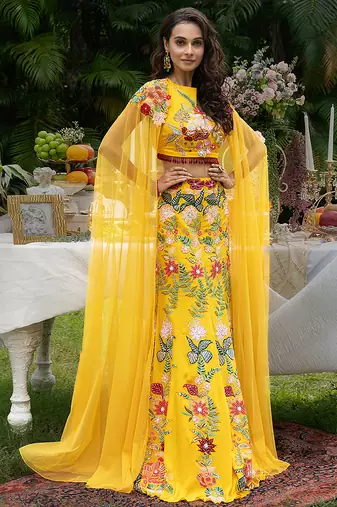 Yellow Embroidered Viscose Lehenga Set