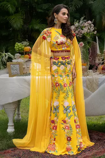 yellow viscose lehenga with embroidered floral designs