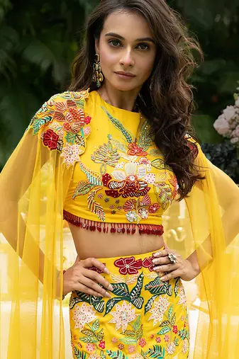 yellow viscose lehenga with embroidered floral designs