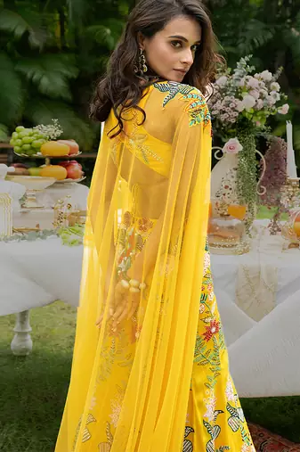 yellow viscose lehenga with embroidered floral designs