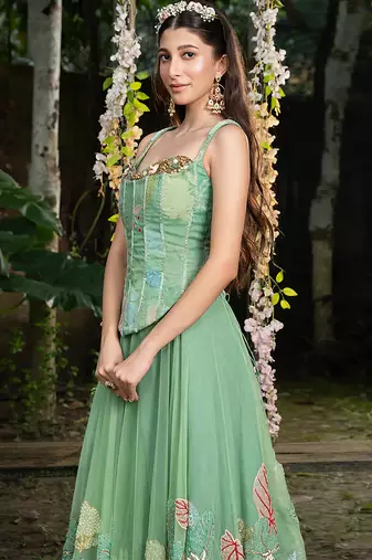 Light Green Embroidered Net Corset Lehenga Set