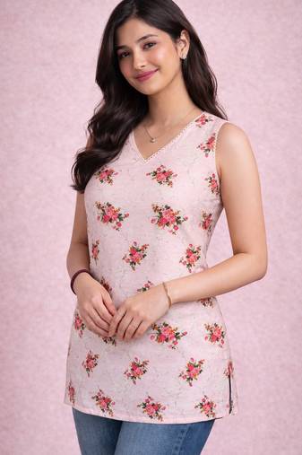 womens pink floral digital print rayon slub sleeveless straight kurta