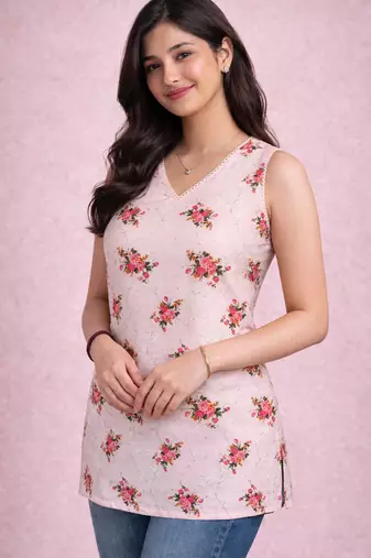 womens pink floral digital print rayon slub sleeveless straight kurta