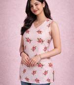 womens pink floral digital print rayon slub sleeveless straight kurta